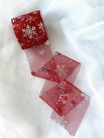 Фатин в срібну сніжинку, шириною 6см, червоного кольору 