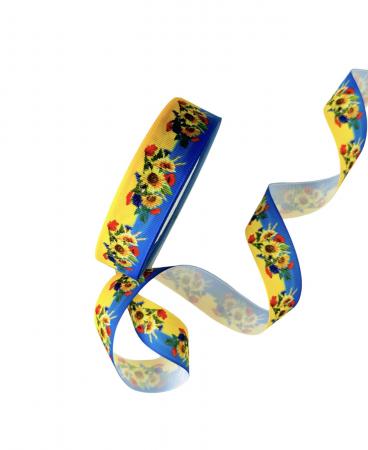 Репсова стрічка 2,5см в соняхи жовто блакиного кольору