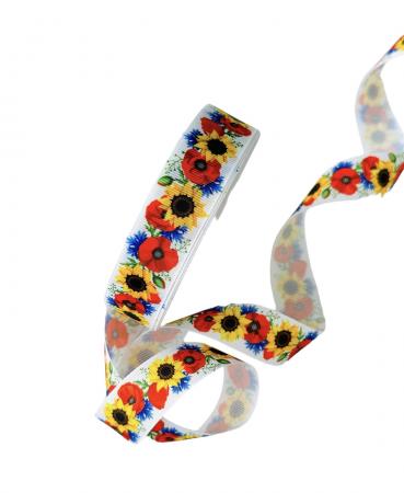 Репсова стрічка 2,5см в соняхи з маками