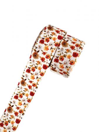 Репсова стрічка, шириною 2,5см, біла з оранжевими квітами