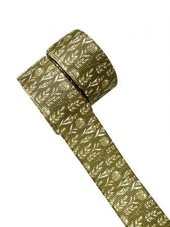 Репсова стрічка, шириною 2,5см, темно зеленого кольору з білими квітами