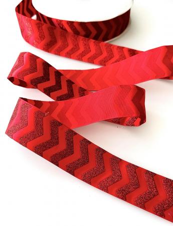 Стрічка сатинова з глітером, шириною 3,8см, червоного кольору