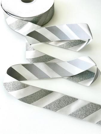 Стрічка сатинова з глітером, шириною 3,8см, срібного кольору