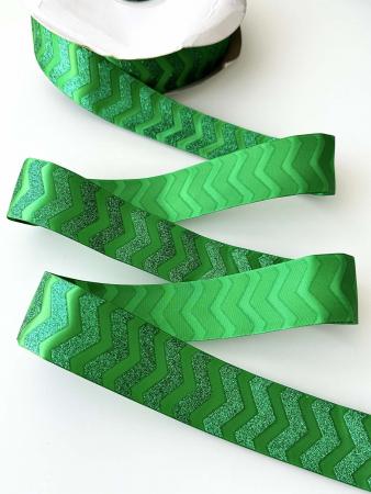 Стрічка сатинова з глітером, ширною 3,8см, зеленого кольору