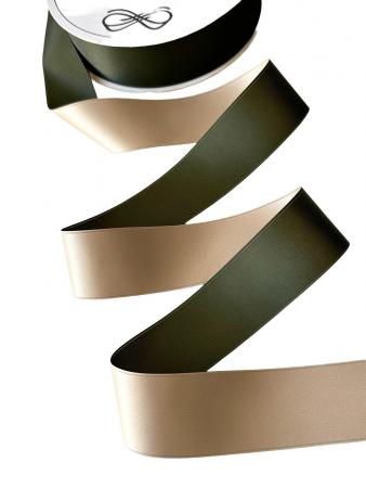 Стрічка сатинова, двостороння, шириною 3,8см, колір темно зелений+бежевий
