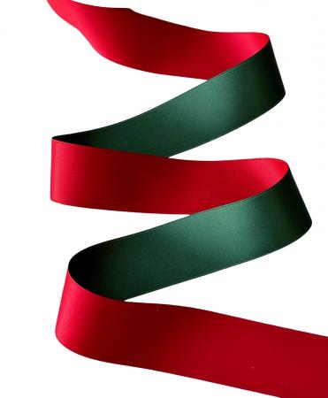 Сатинова стрічка, двостороння, шириною 3,8см, колір червоний+зелений